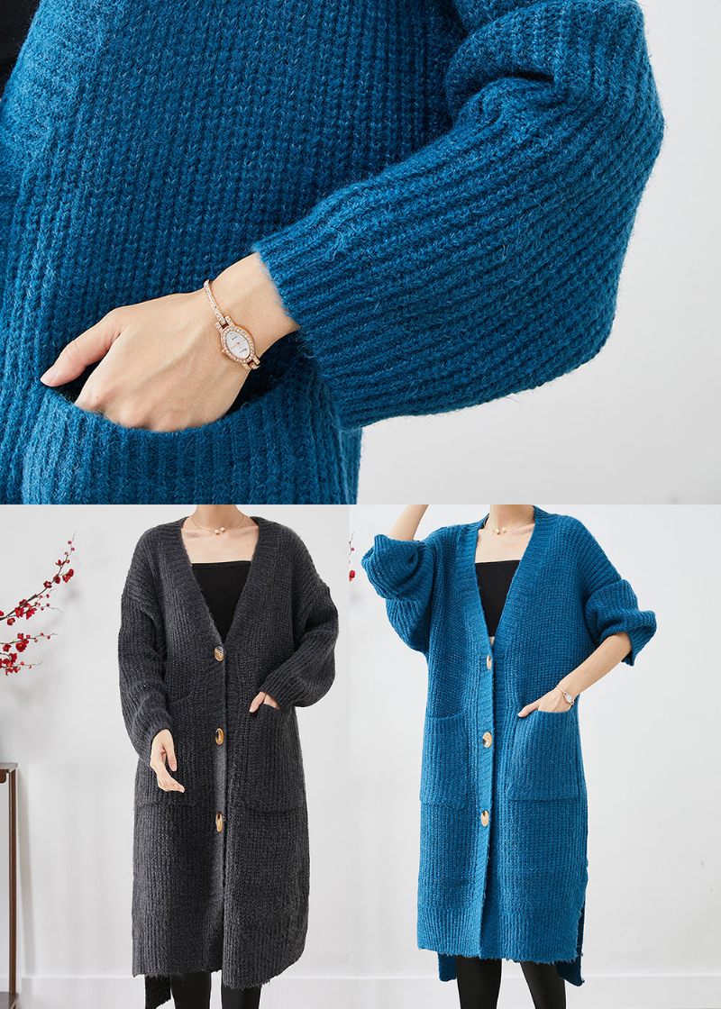 Stil Kedelig Grå V-halslommer Strikket Lang Cardigan Efterår - Dame cardigans