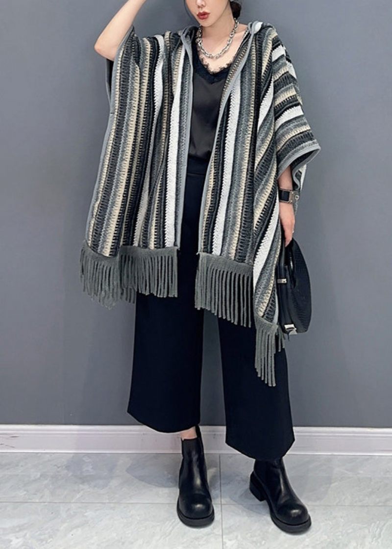 Stil Rød Hætte Med Kvast Patchwork Strik Cardigan Efterår - Dame cardigans