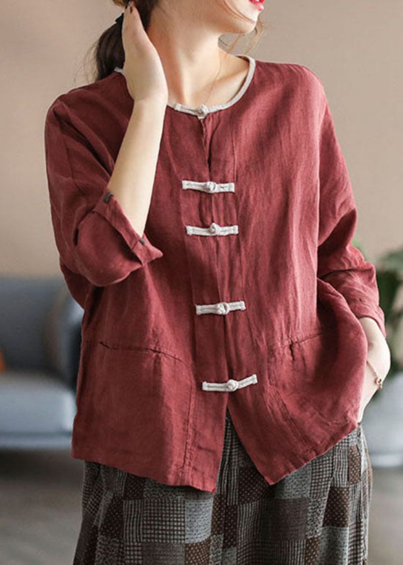 Stil Rød Patchwork Kinesisk Knap Linned Cardigans Armbånd Ærme - Dame cardigans