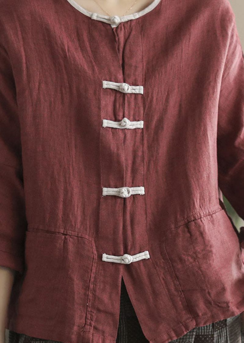 Stil Rød Patchwork Kinesisk Knap Linned Cardigans Armbånd Ærme - Dame cardigans