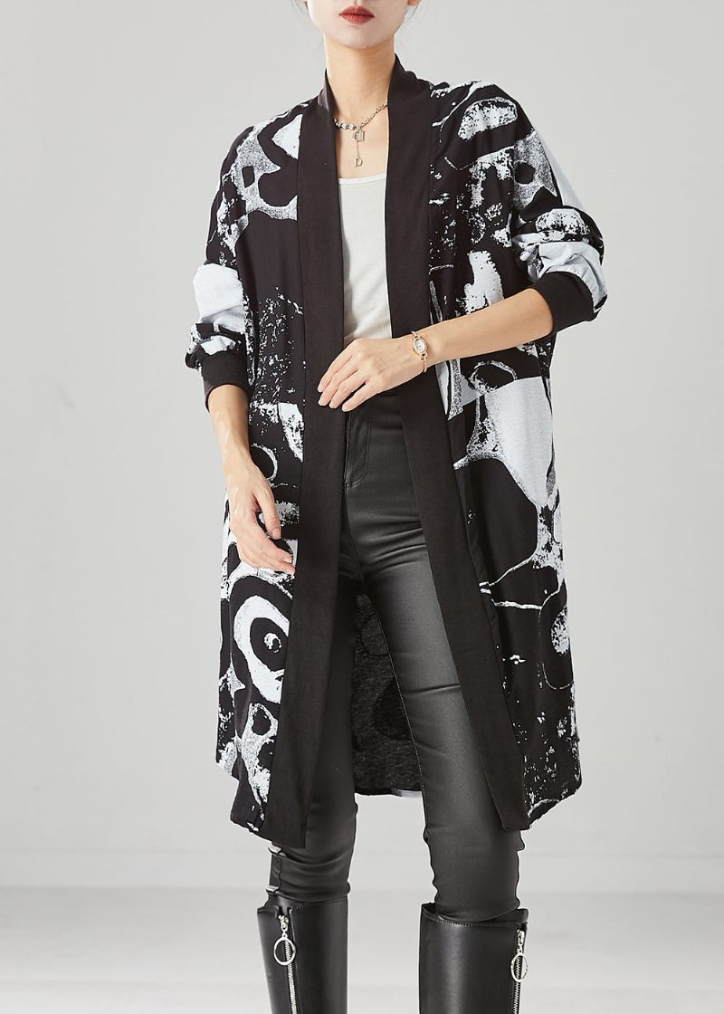 Stil Sort Oversized Print Bomuld Løs Cardigan Fall - Dame cardigans