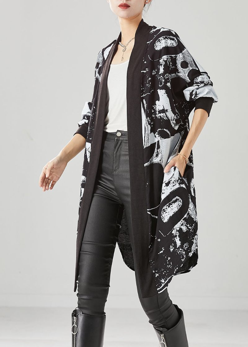 Stil Sort Oversized Print Bomuld Løs Cardigan Fall - Dame cardigans