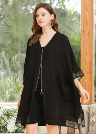 Stil Sorte Overdimensionerede Lynlåslommer Chiffon Frakke Batwing Ærme