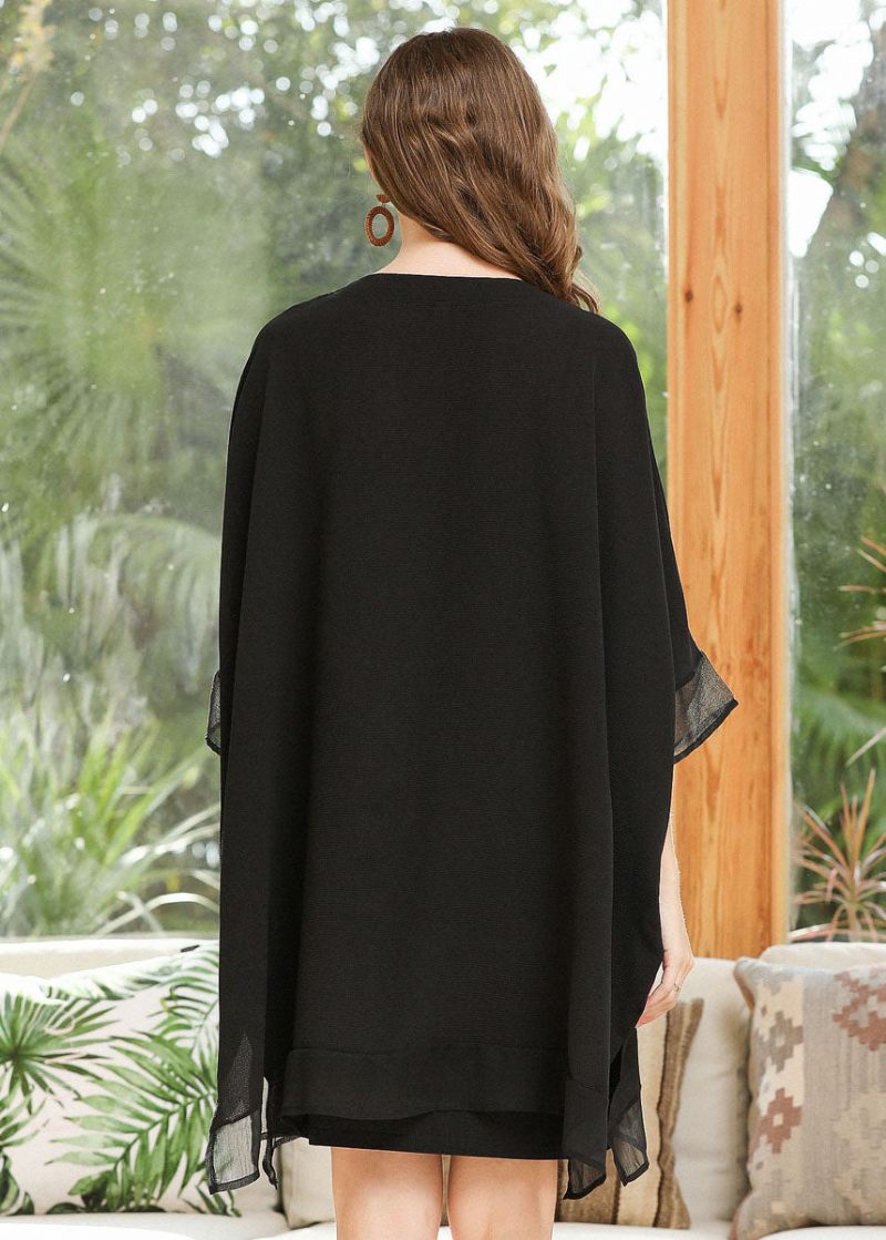 Stil Sorte Overdimensionerede Lynlåslommer Chiffon Frakke Batwing Ærme - Dame cardigans