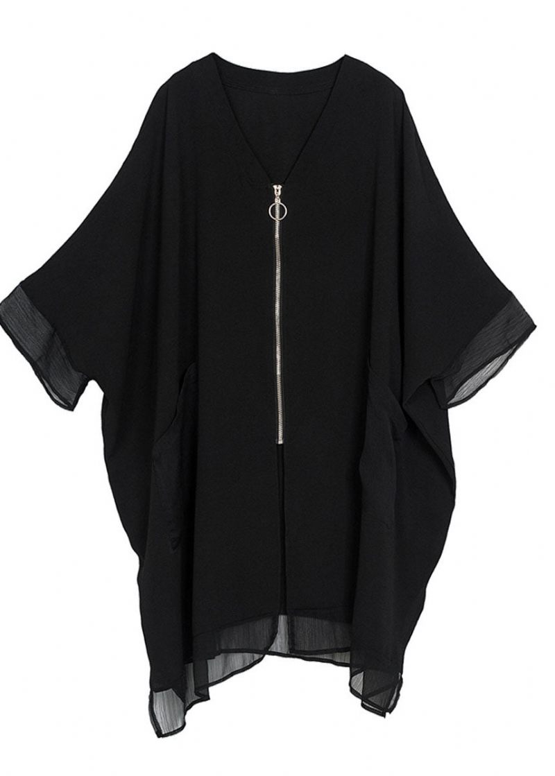 Stil Sorte Overdimensionerede Lynlåslommer Chiffon Frakke Batwing Ærme - Dame cardigans