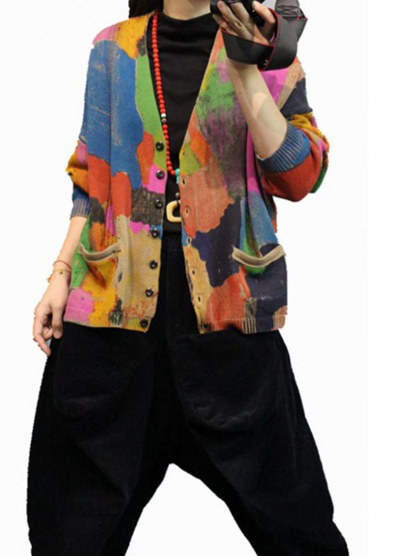 Stilfuld Abrikos V-hals Knap Lommer Print Fall Strik Coat - Dame cardigans