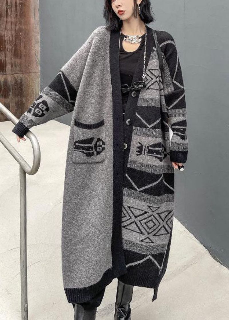 Stilfuld Grå V-hals Asymmetrisk Design Udskriv Strik Lazy Long Coats Langærmet