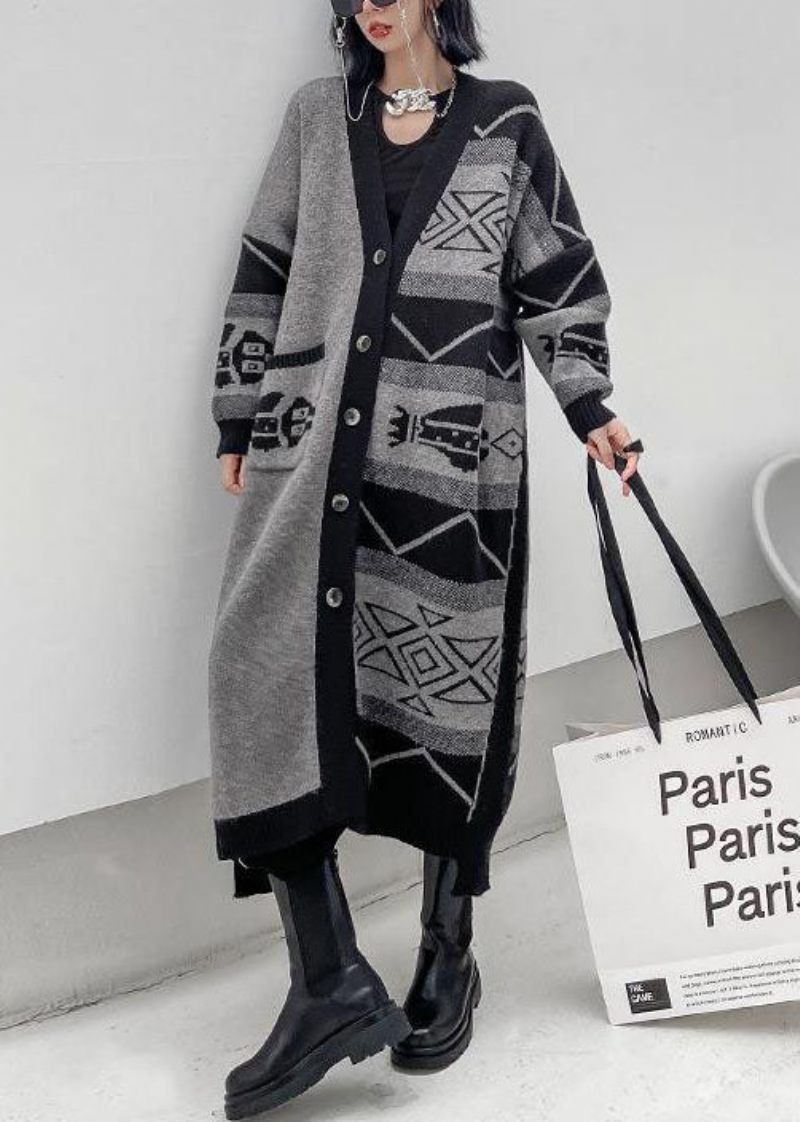 Stilfuld Grå V-hals Asymmetrisk Design Udskriv Strik Lazy Long Coats Langærmet - Dame cardigans