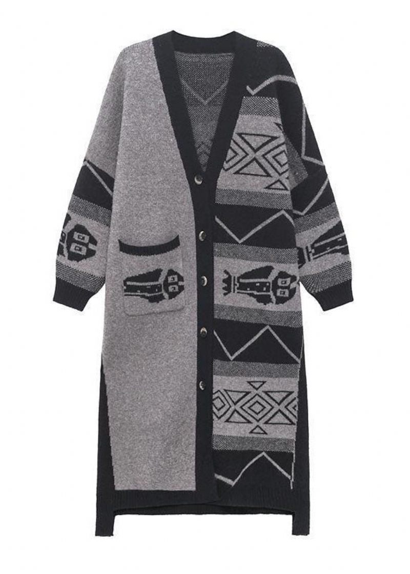 Stilfuld Grå V-hals Asymmetrisk Design Udskriv Strik Lazy Long Coats Langærmet - Dame cardigans