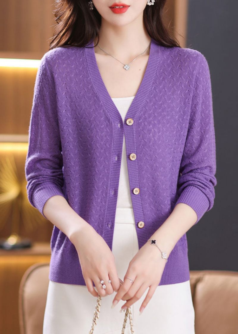 Stilfuld Lilla V-hals Knap Strik Cardigan Fall - Dame cardigans