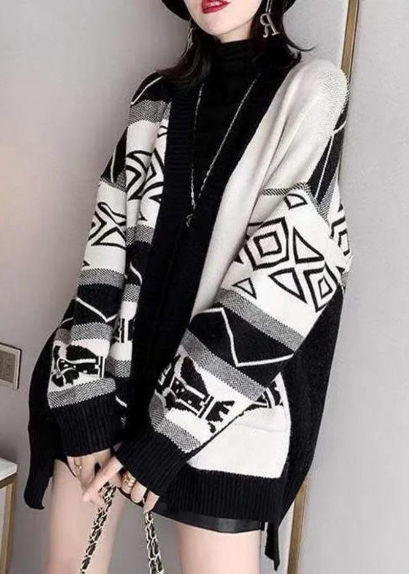 Stilfuld Sort Overstørrelse Patchwork Print Strik Løse Cardigans Vinter - Dame cardigans