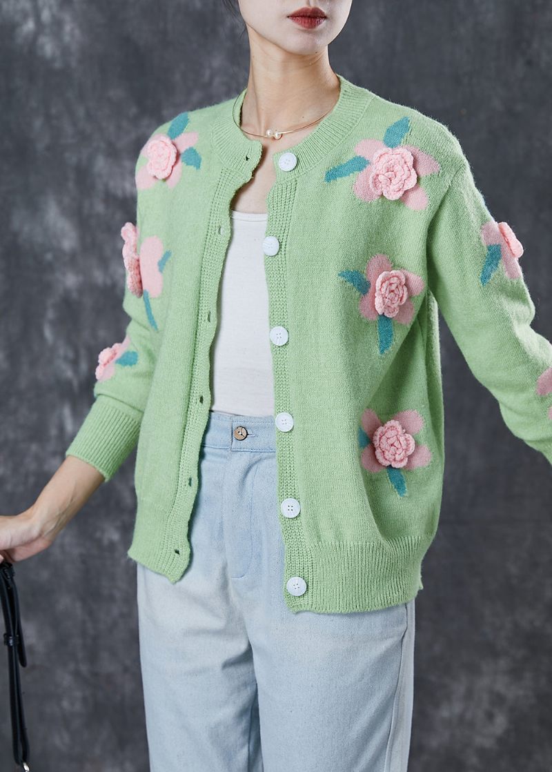 Style Grøn Stereoskopisk Blomster Hyggelig Strik Cardigan Forår - Dame cardigans