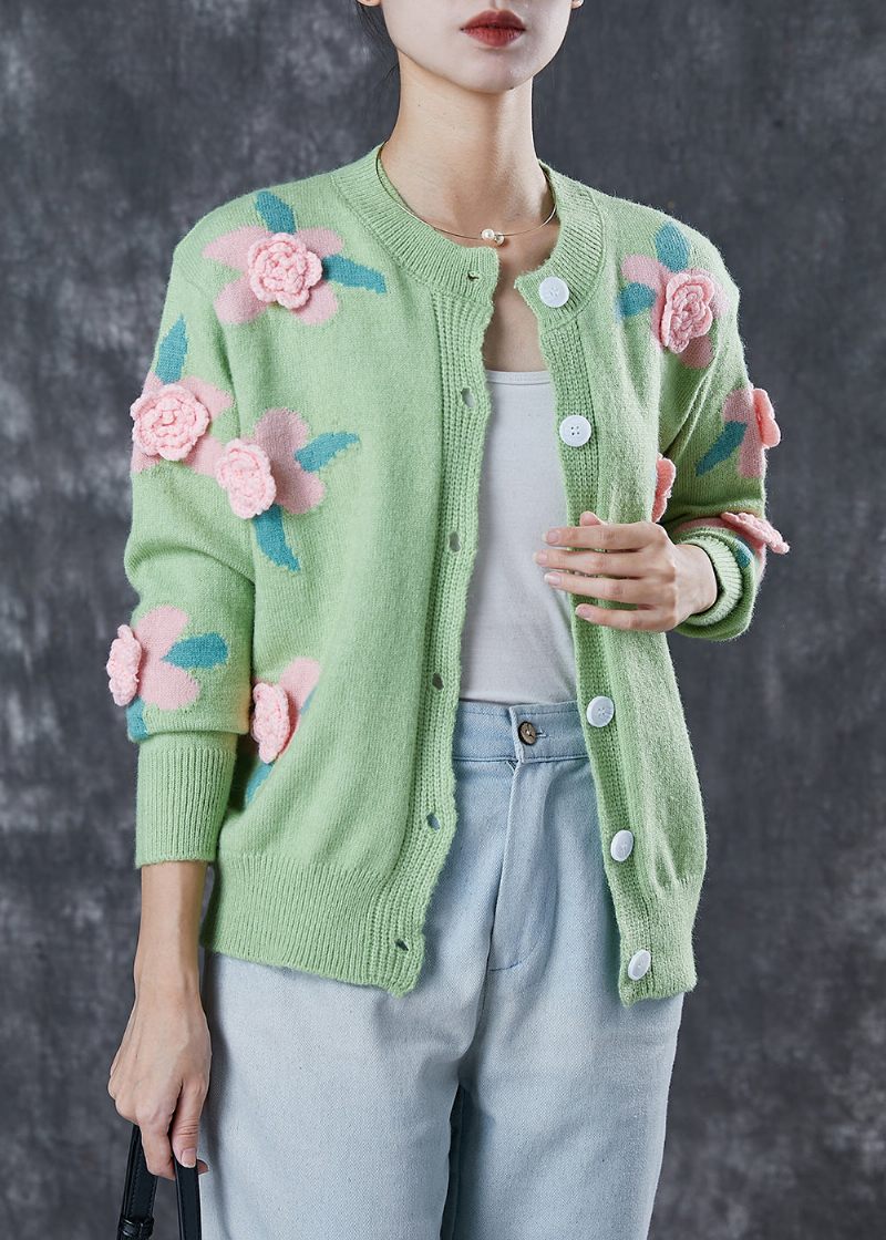 Style Grøn Stereoskopisk Blomster Hyggelig Strik Cardigan Forår - Dame cardigans