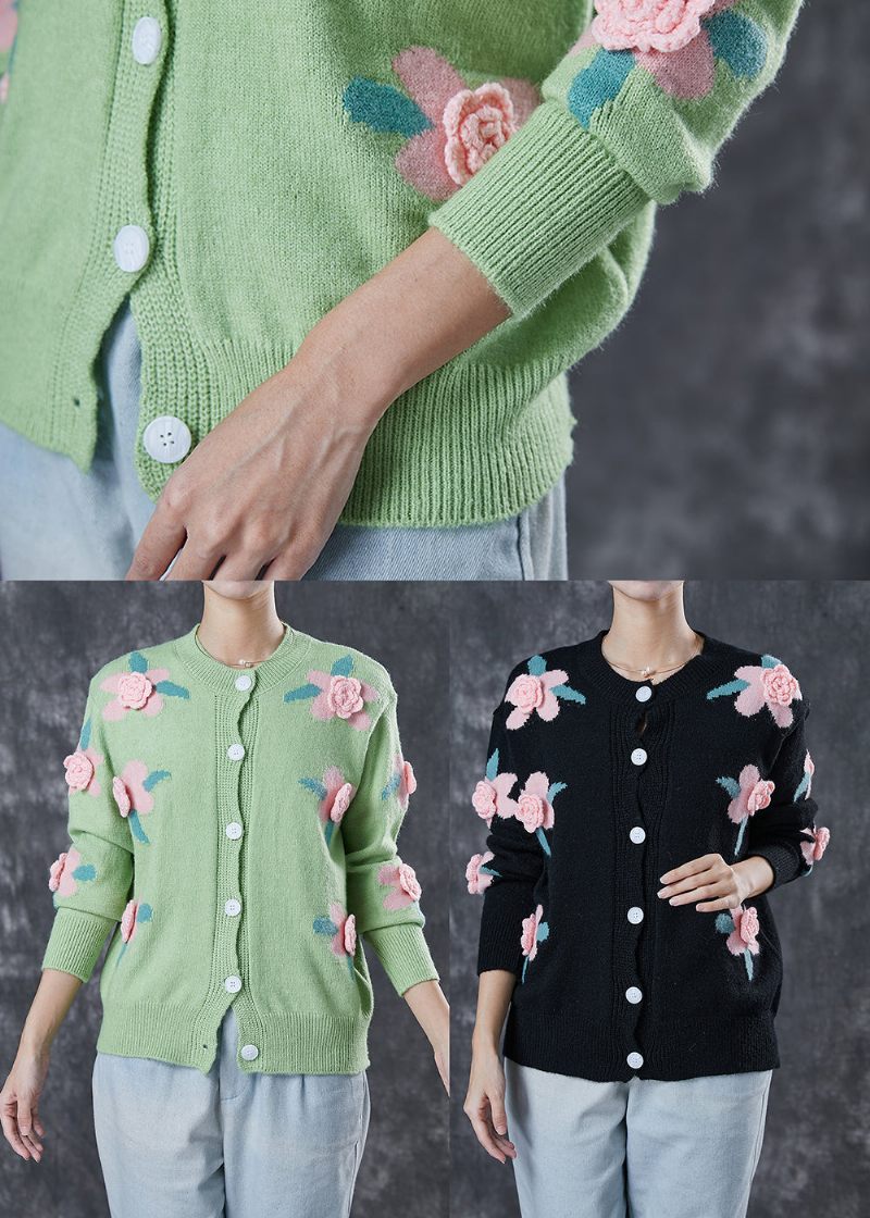 Style Grøn Stereoskopisk Blomster Hyggelig Strik Cardigan Forår - Dame cardigans