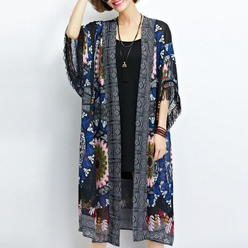 Sundress Ny Sort Print Chiffon Cardigans Plus Størrelse Kvast Halværmet Sommer Outwear - Dame cardigans