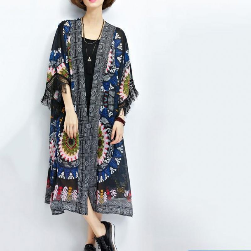 Sundress Ny Sort Print Chiffon Cardigans Plus Størrelse Kvast Halværmet Sommer Outwear - Dame cardigans