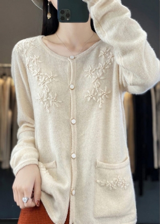 Unik Beige Blomsterknap Cashmere Strik Cardigan Langærmet