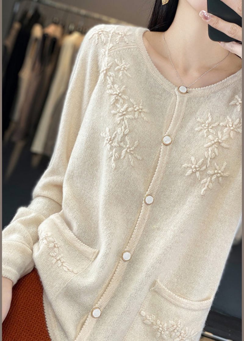 Unik Beige Blomsterknap Cashmere Strik Cardigan Langærmet - Beige