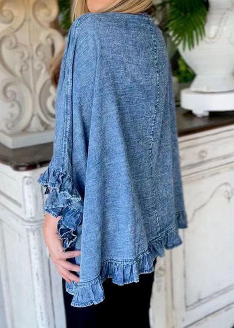 Unik Blå Flæsede Patchwork Denim Cardigans Frakke Sommer - Dame cardigans