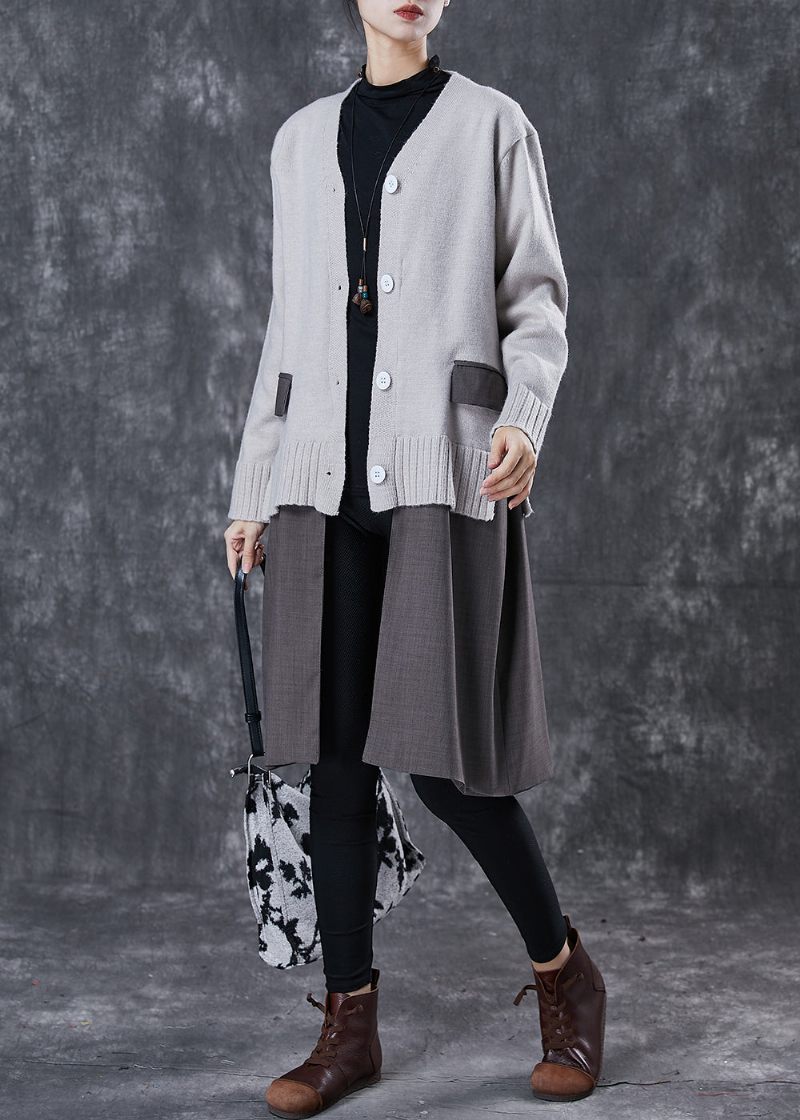 Unik Grå Oversized Patchwork Strik Cardigan Fjeder - Dame cardigans