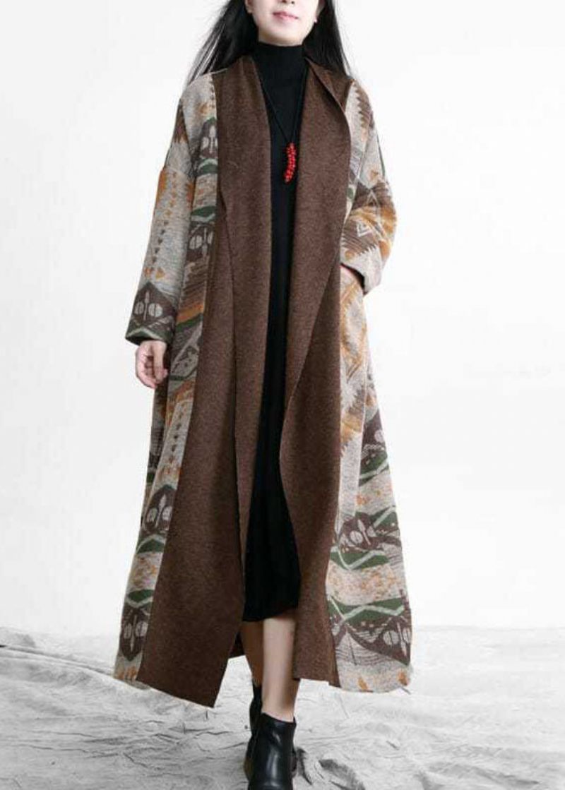 Unik Khaki Oversized Patchwork Print Uld Løs Cardigan Fall