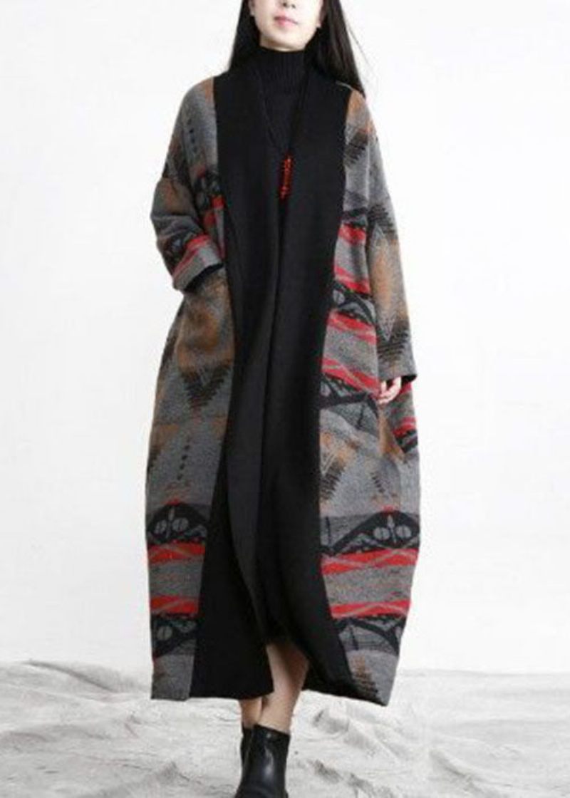 Unik Khaki Oversized Patchwork Print Uld Løs Cardigan Fall - Dame cardigans