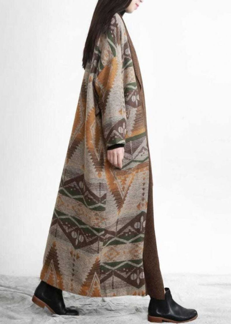 Unik Khaki Oversized Patchwork Print Uld Løs Cardigan Fall - Dame cardigans