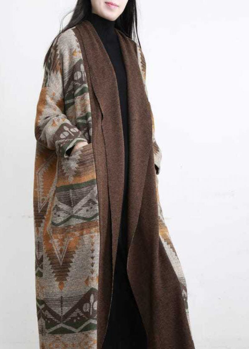 Unik Khaki Oversized Patchwork Print Uld Løs Cardigan Fall - Dame cardigans