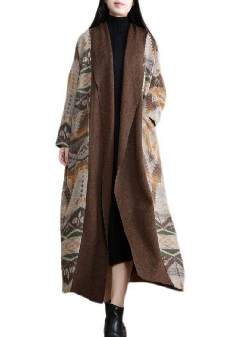 Unik Khaki Oversized Patchwork Print Uld Løs Cardigan Fall - Dame cardigans