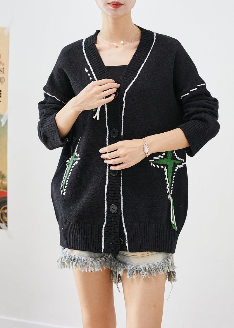 Unik Sort Oversized Jacquard Strik Cardigan Efterår - Dame cardigans