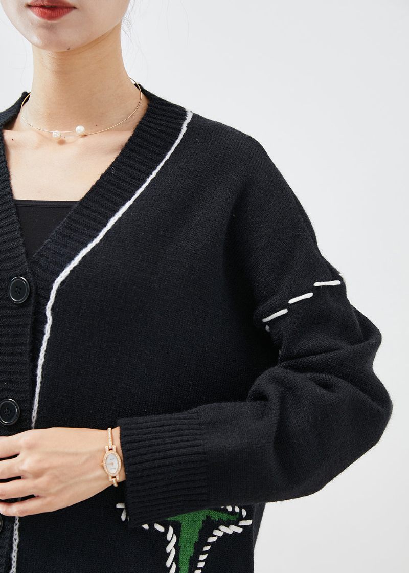 Unik Sort Oversized Jacquard Strik Cardigan Efterår - Dame cardigans