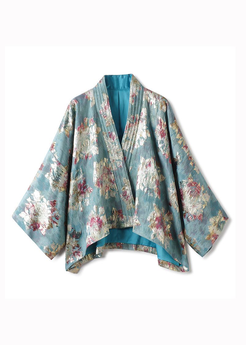 Vintage Blå V-hals Jacquard Patchwork Bomuld Cardigan Fall - Dame cardigans