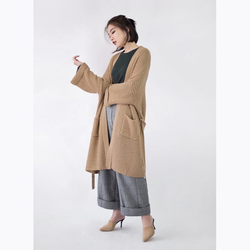 Vintage Kaki Frakker Trendy Plus Size Flare Ærmer Bindebånd I Taljen Vinterfrakke Fine Lommer Uldjakker - Khaki