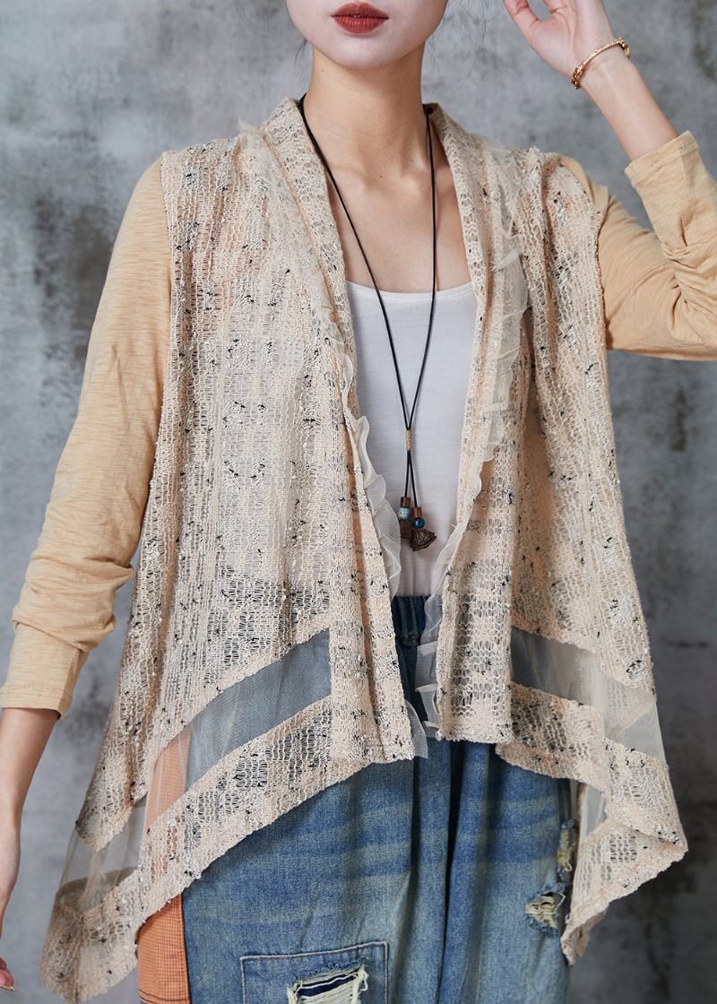 Vintage Khaki Asymmetrisk Patchwork Strik Cardigans Forår - Dame cardigans