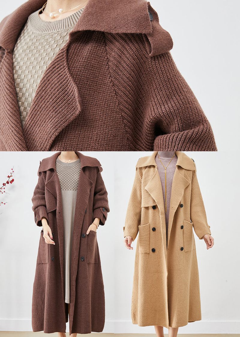 Vintage Khaki Dobbelt Brystlommer Strik Trenchcoats Efterår - Dame cardigans