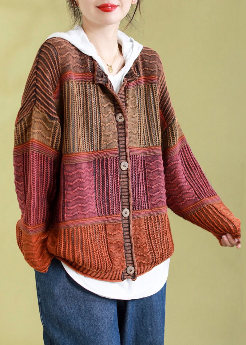 Vintage Orange O-hals Stribet Patchwork Knap Bomuld Strik Cardigan Fjeder