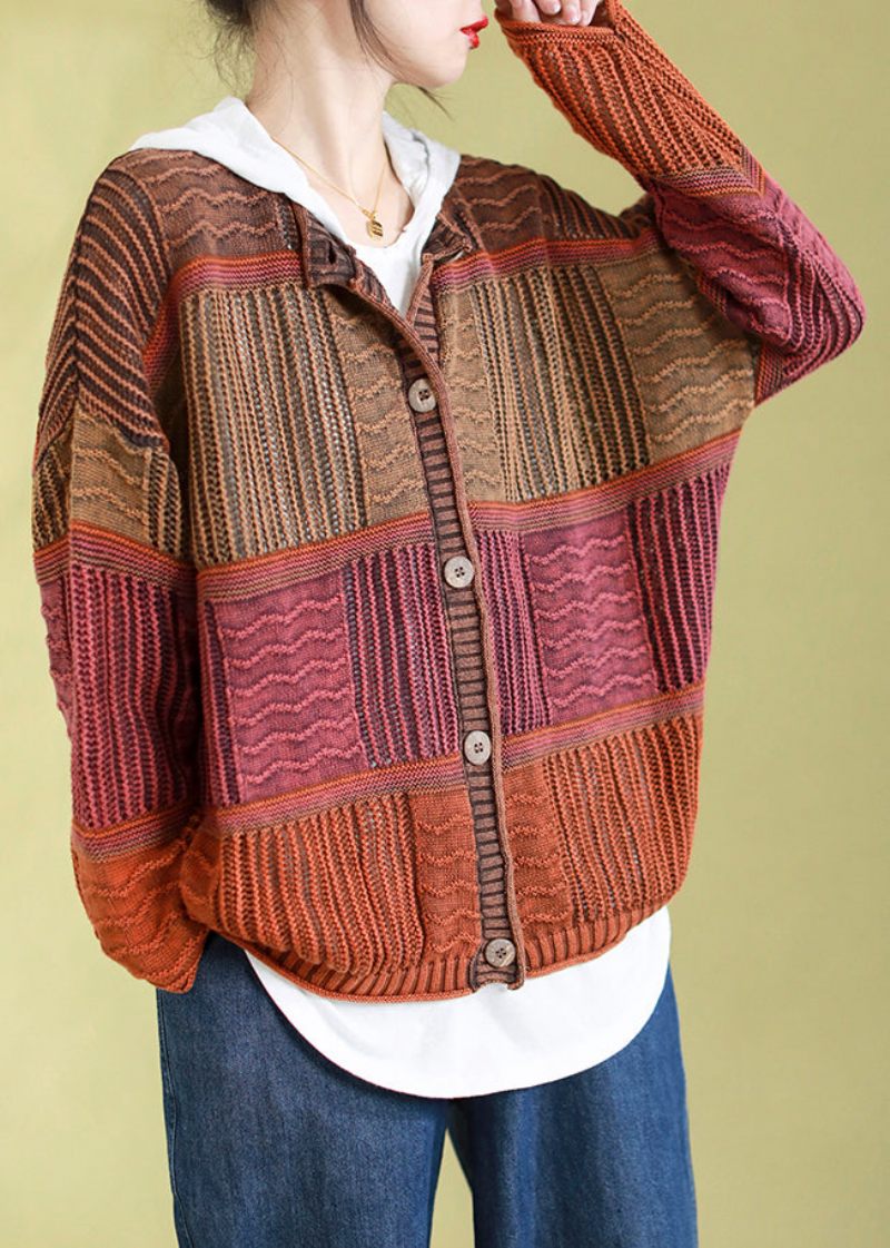 Vintage Orange O-hals Stribet Patchwork Knap Bomuld Strik Cardigan Fjeder - Orange