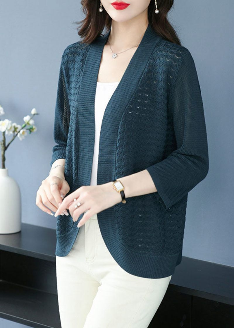 Vintage Sea Blue V-hals Patchwork Solid Ice Størrelse Strik Cardigan Armbånd Sleeve