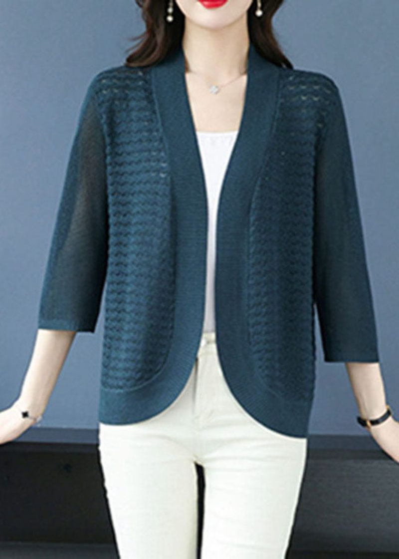 Vintage Sea Blue V-hals Patchwork Solid Ice Størrelse Strik Cardigan Armbånd Sleeve - Havblå