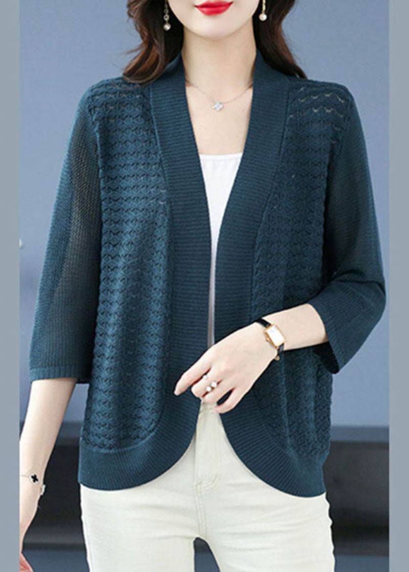 Vintage Sea Blue V-hals Patchwork Solid Ice Størrelse Strik Cardigan Armbånd Sleeve - Havblå