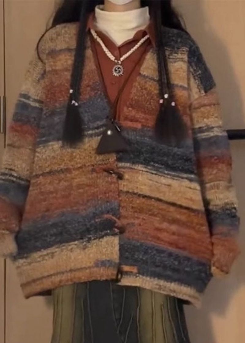 Vintage V-hals Print Strikket Bomuldstråd Cardigans Lange Ærmer - Dame cardigans