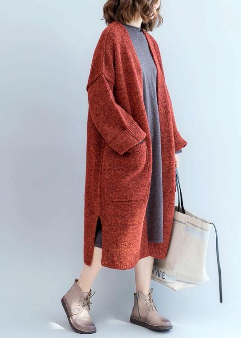 Vinter Efterårstrøjer Oversized Røde Lommer Patchwork Sweater Frakke - Dame cardigans