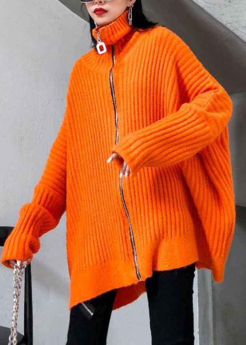 Vinter Orange Strik Toppe Trendy Plus Size Højhalset Lynlås Strikbluse