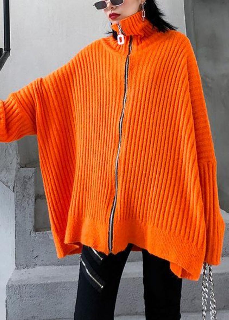 Vinter Orange Strik Toppe Trendy Plus Size Højhalset Lynlås Strikbluse - Orange