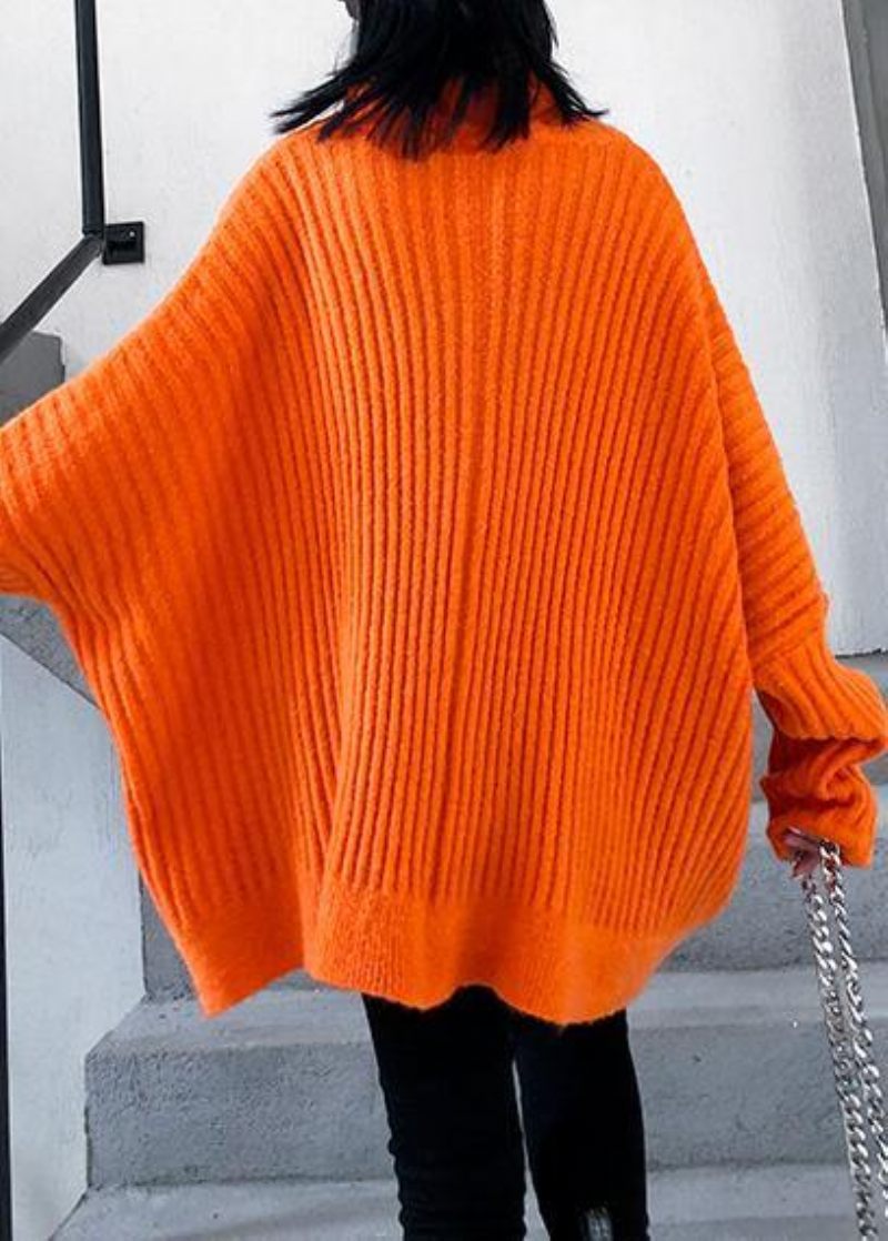 Vinter Orange Strik Toppe Trendy Plus Size Højhalset Lynlås Strikbluse - Orange