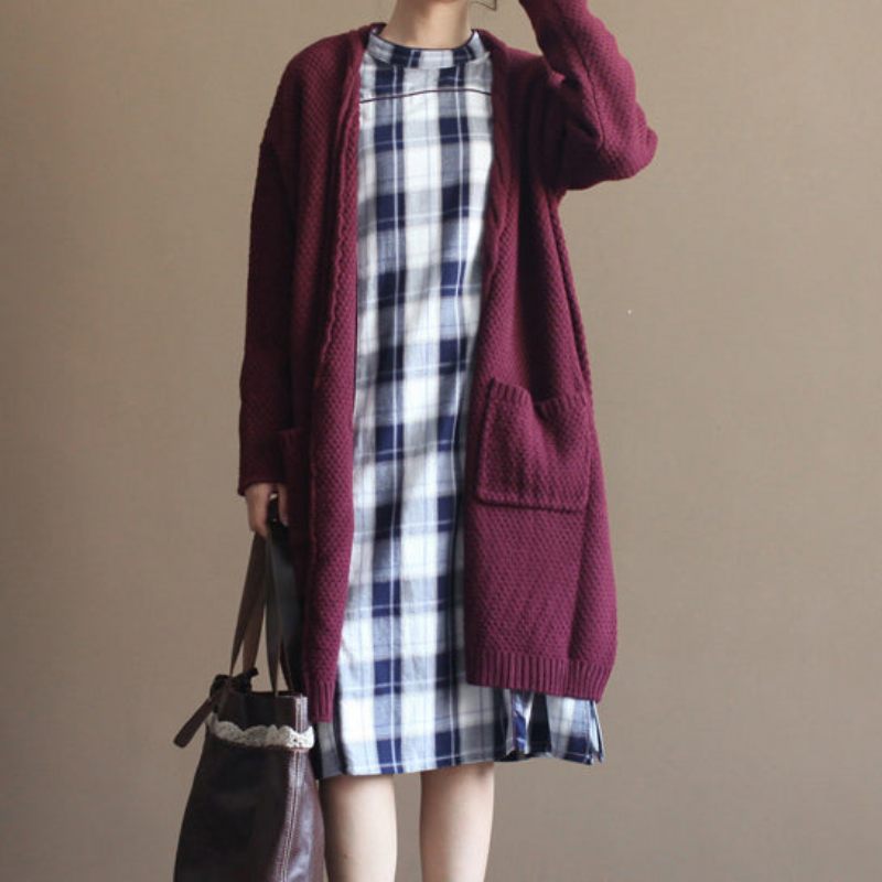 Vinter Vintage Bomuld Blandet Sweater Cardigans Bordeaux Oversize Lommer Wrap Strik Frakke