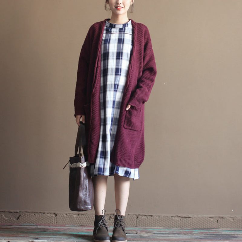 Vinter Vintage Bomuld Blandet Sweater Cardigans Bordeaux Oversize Lommer Wrap Strik Frakke - Dame cardigans