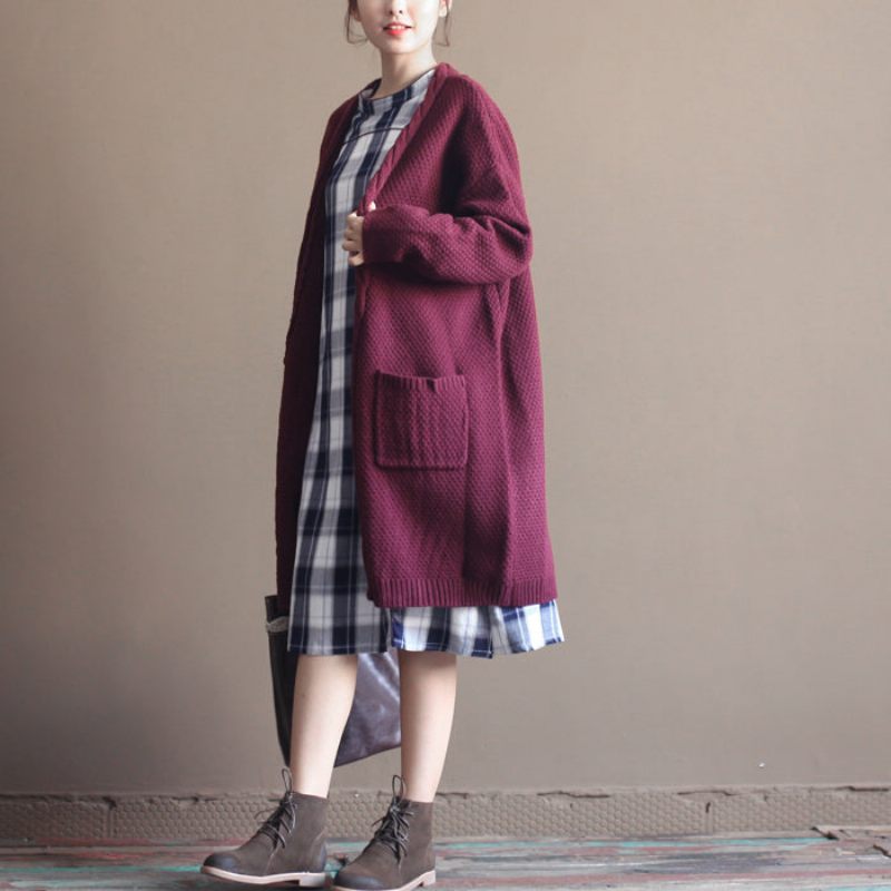 Vinter Vintage Bomuld Blandet Sweater Cardigans Bordeaux Oversize Lommer Wrap Strik Frakke - Dame cardigans