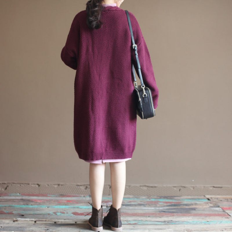 Vinter Vintage Bomuld Blandet Sweater Cardigans Bordeaux Oversize Lommer Wrap Strik Frakke - Dame cardigans