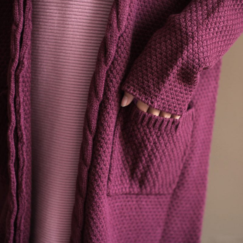 Vinter Vintage Bomuld Blandet Sweater Cardigans Bordeaux Oversize Lommer Wrap Strik Frakke - Dame cardigans